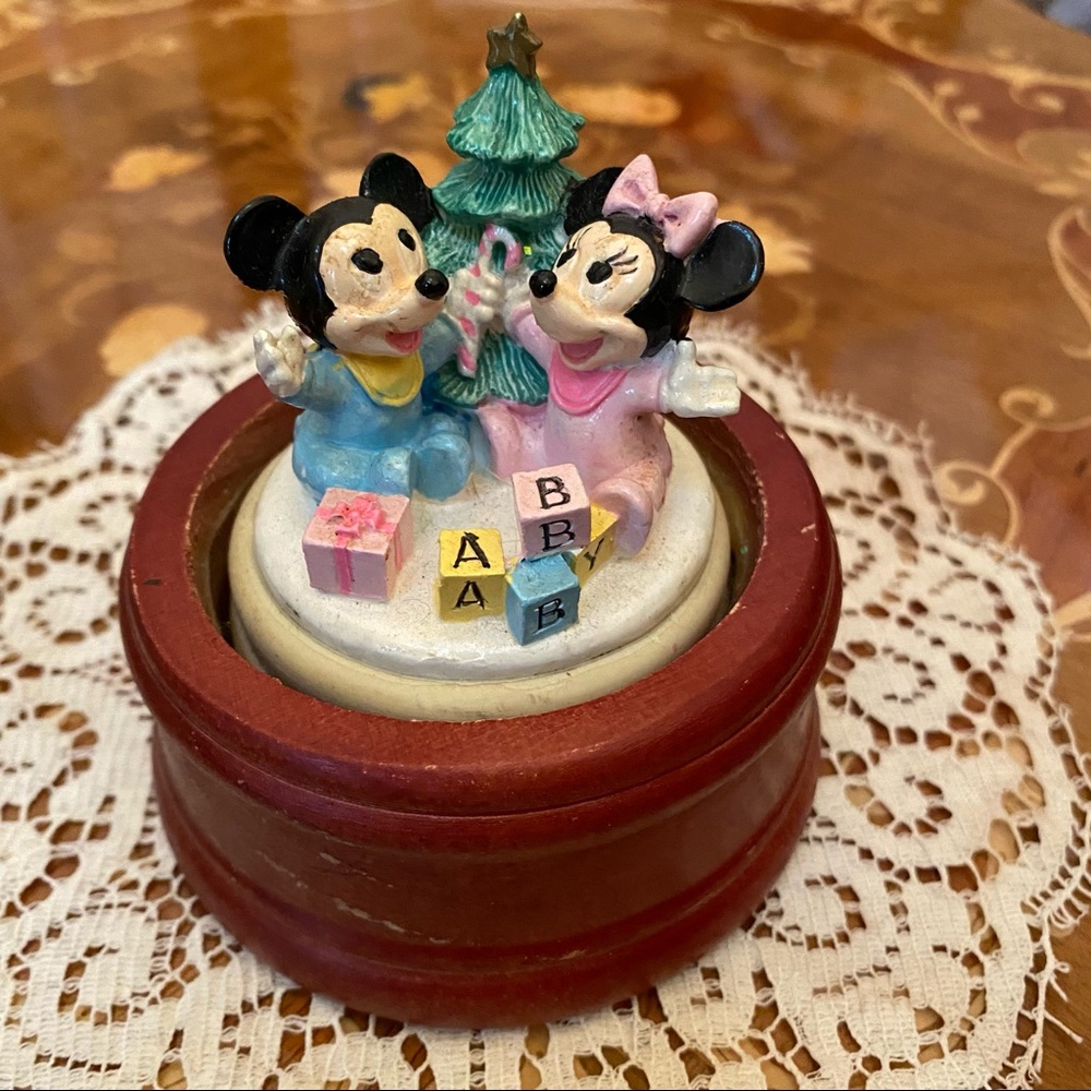 Vintage Walt Disney Minnie and Mickey Baby Christmas Wooden Ceramic Snow Globe